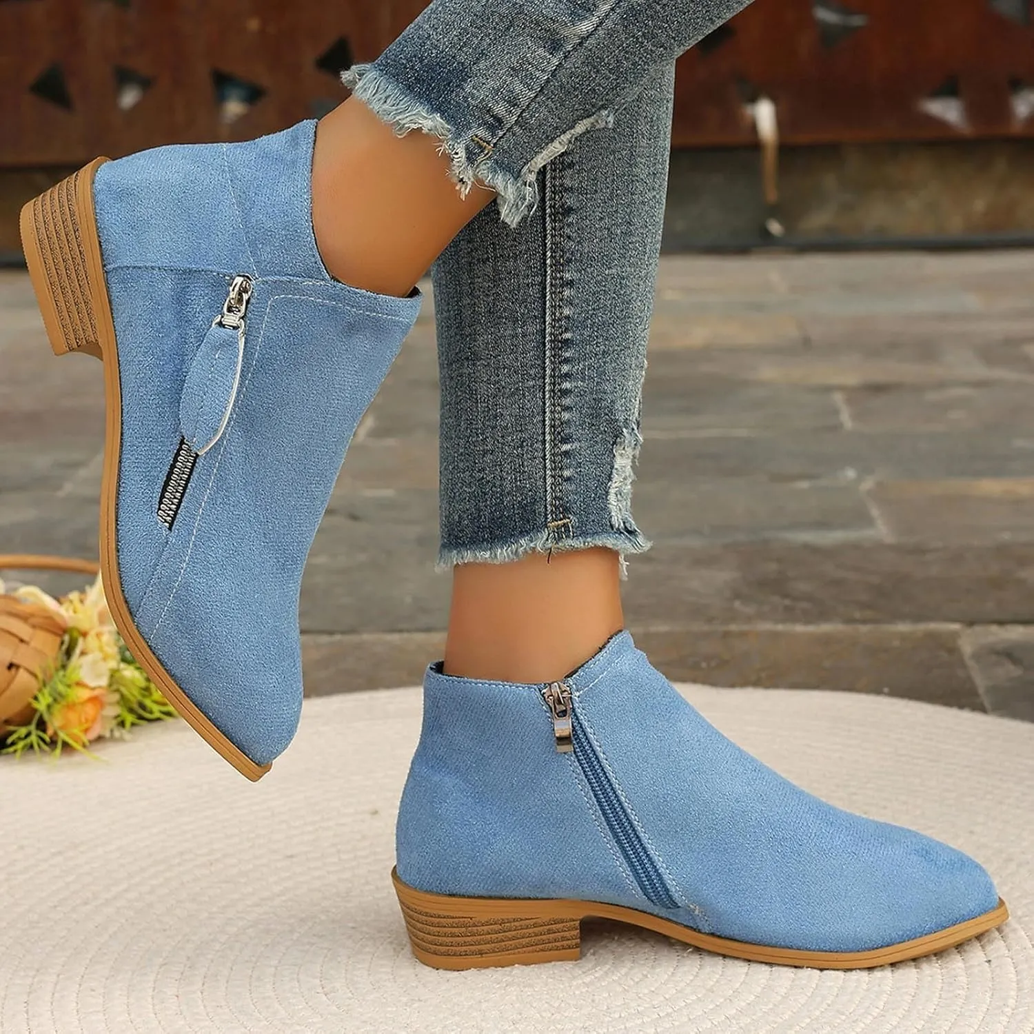 Boots for Women Ankle Booties Low Heel Suede Leather Dressy Slip on Comfort Fall Winter Short Boots Side Zipper Wide Width Booties for Women Ladies Boots