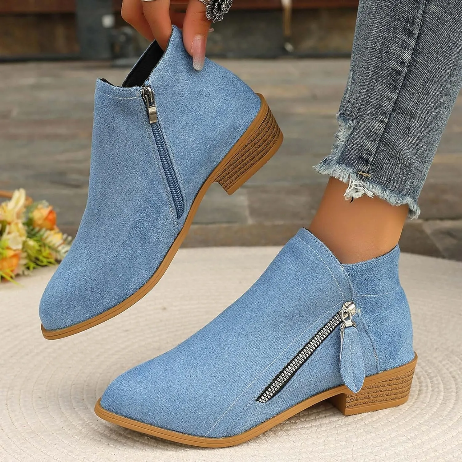 Boots for Women Ankle Booties Low Heel Suede Leather Dressy Slip on Comfort Fall Winter Short Boots Side Zipper Wide Width Booties for Women Ladies Boots