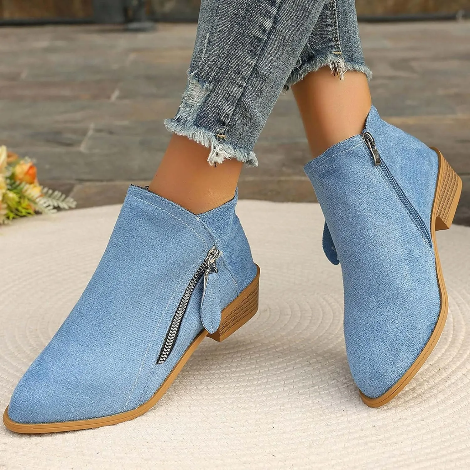 Boots for Women Ankle Booties Low Heel Suede Leather Dressy Slip on Comfort Fall Winter Short Boots Side Zipper Wide Width Booties for Women Ladies Boots