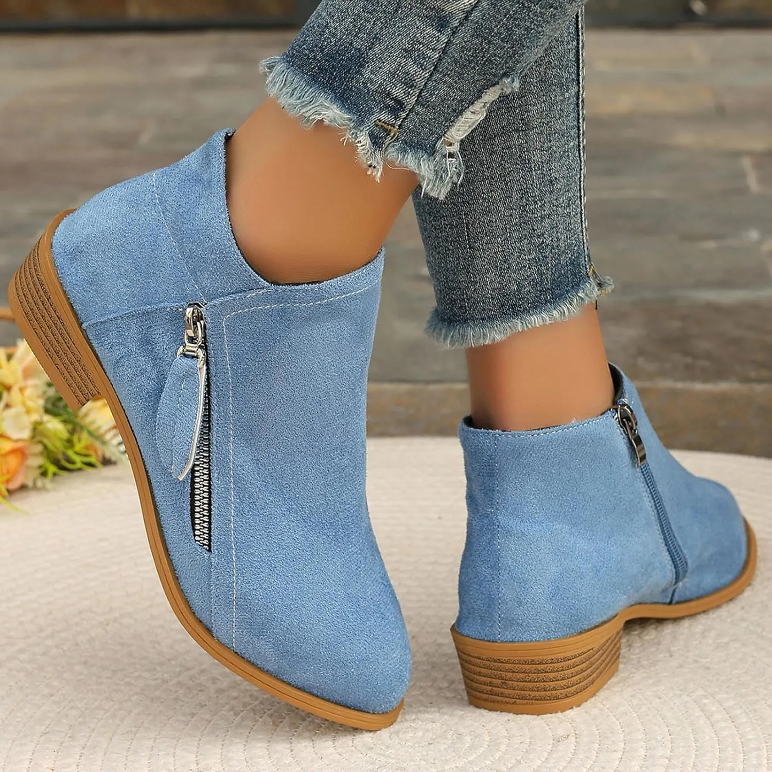 Boots for Women Ankle Booties Low Heel Suede Leather Dressy Slip on Comfort Fall Winter Short Boots Side Zipper Wide Width Booties for Women Ladies Boots