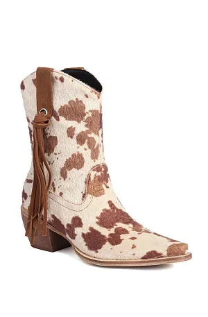 Cow print western ankle boots