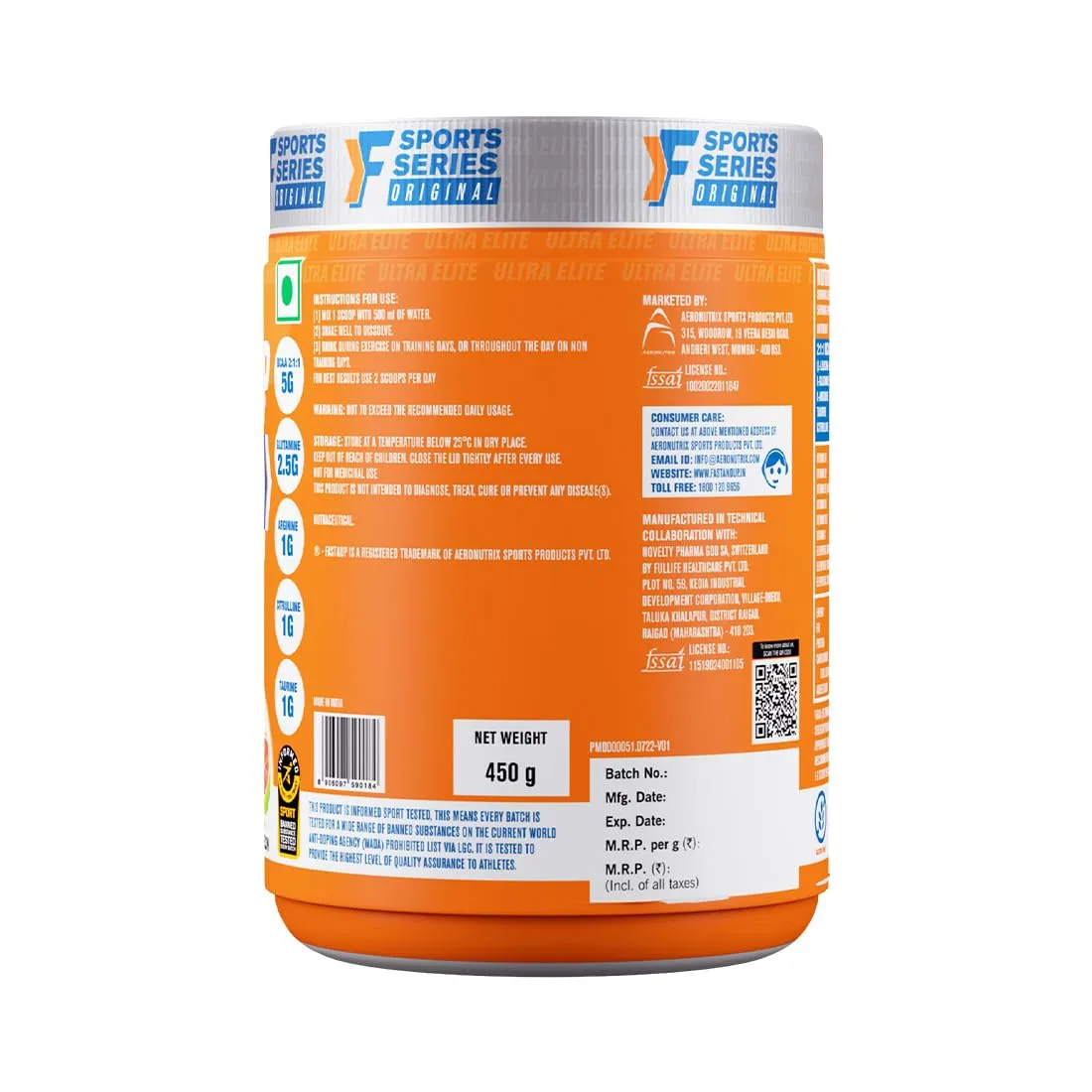 Fast&Up BCAA Advanced - 450 Gms, 30 Servings, (Watermelon Flavour) Informed Sport Certified BCAA that helps in Muscle Recovery & Endurance, BCAA (2:1:1)   Muscle Activators   Electrolytes