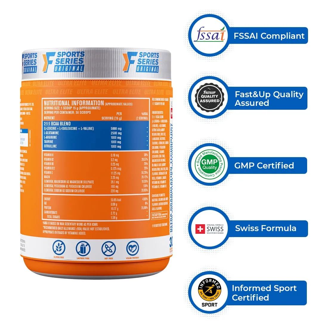 Fast&Up BCAA Advanced - 450 Gms, 30 Servings, (Watermelon Flavour) Informed Sport Certified BCAA that helps in Muscle Recovery & Endurance, BCAA (2:1:1)   Muscle Activators   Electrolytes