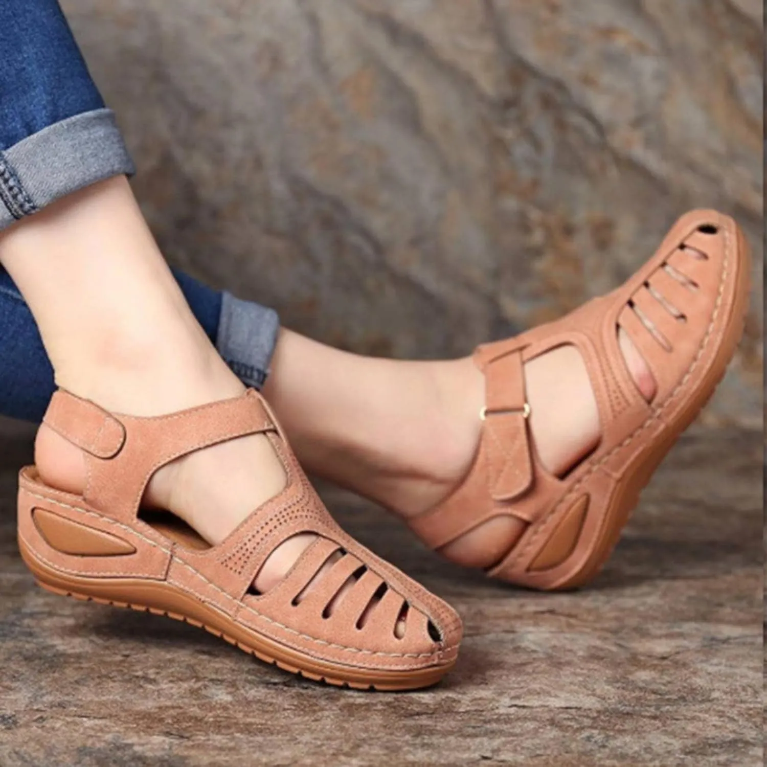 Summer Womens Sandals Casual Bohemia Gladiator Closed Toe Wedge Shoes Comfort Ankle Strap Slip On Orthopedic Platform Sandals