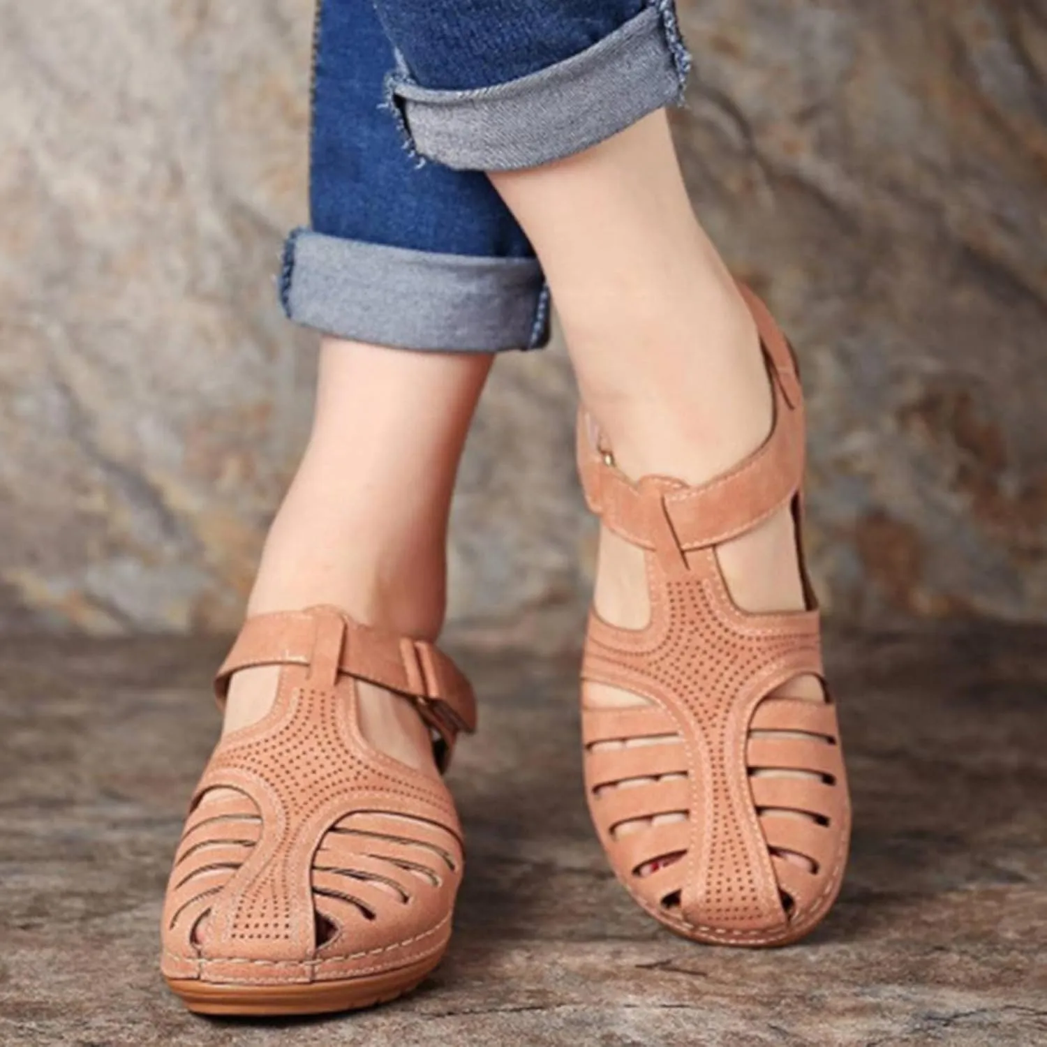 Summer Womens Sandals Casual Bohemia Gladiator Closed Toe Wedge Shoes Comfort Ankle Strap Slip On Orthopedic Platform Sandals
