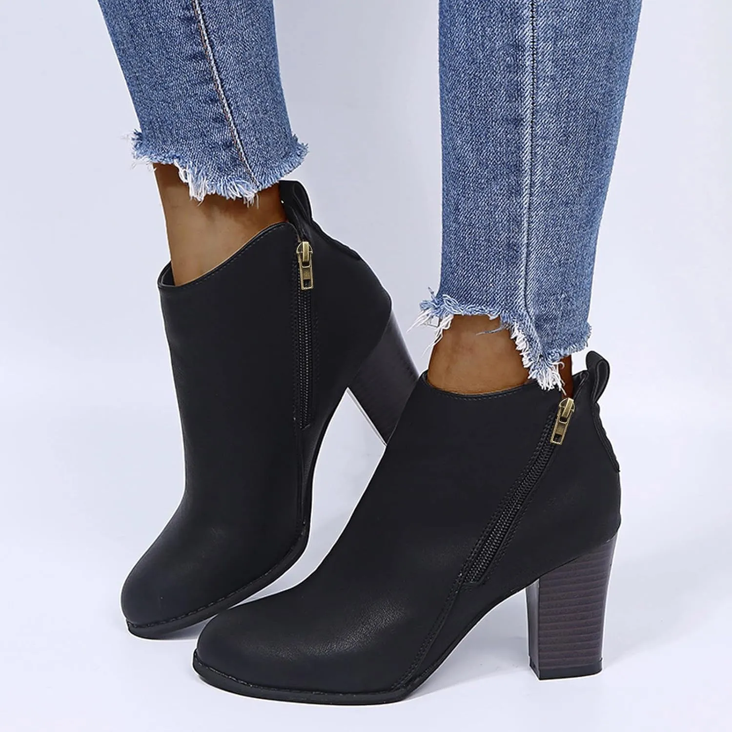Women's Ankle Boots & Booties Booties for Women 2024 with Heel Black Leather Boots Men Ankle Bootie for Women Low Heel Solid Color Comfy Casual Daily Deals
