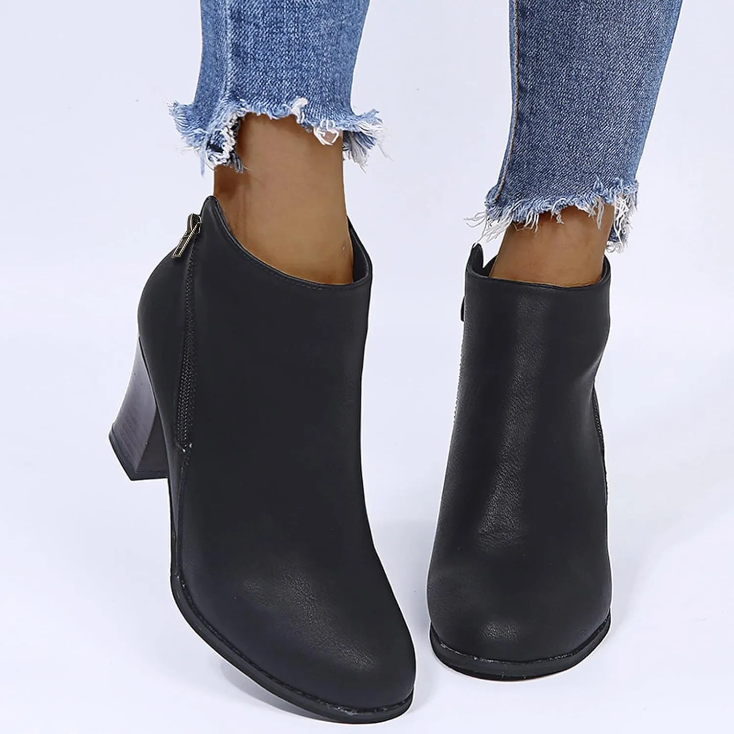 Women's Ankle Boots & Booties Booties for Women 2024 with Heel Black Leather Boots Men Ankle Bootie for Women Low Heel Solid Color Comfy Casual Daily Deals
